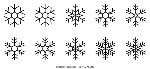 Snowflakes icon vector set.  Snowflakes Vector Icons. Winter Icons. Snow or Snowflake symbol. Snowflake variations icon collection. Vector illustration.