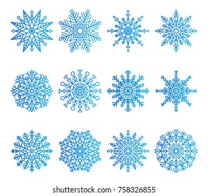Snowflakes icons collection of different shape and forms, unique symmetrical ice crystals, vector illustration, isolated on white background