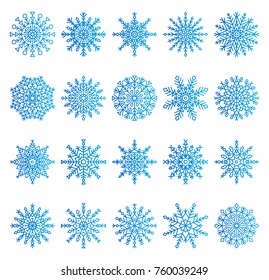 Snowflakes icons collection of different shape and forms, unique symmetrical ice crystals, vector illustration, isolated on white background