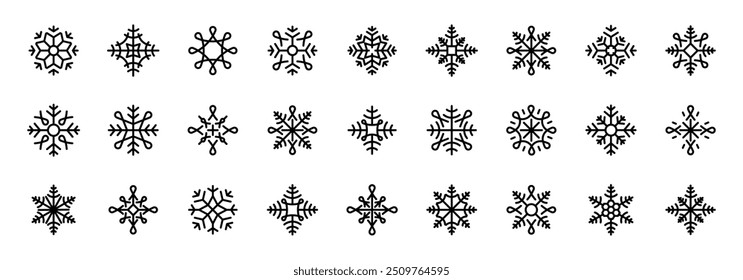 Snowflakes icons. Snowflakes collection. Flat snow icons, silhouette. Snow symbols. Snowflake vector icon