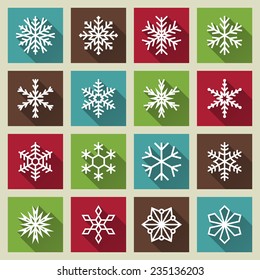 Snowflakes icons. Flat style, with long shadow. Vector illustration