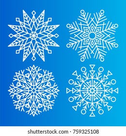 Snowflakes icons set of different shape and forms, unique symmetrical ice crystals, vector illustration white elements isolated on blue background
