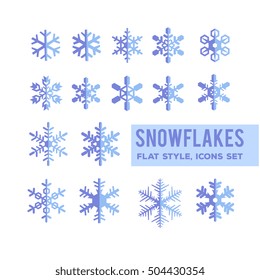 Snowflakes icons set. flat style vector graphic bundle.
