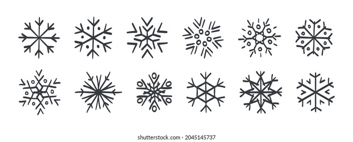 Schneeflocken-Symbole. Set handgezeichnete Schneeflocken. Schneeflocken verschiedener Stile und Formen. Vektorgrafik