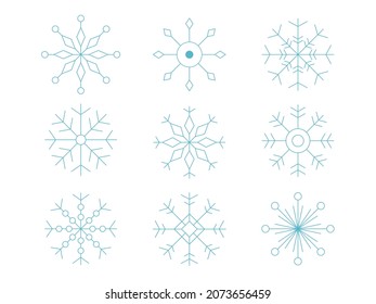 Snowflakes icons set. Snow flake crystals silhouette collection. Happy new year, xmas, Christmas elements. Snow, holiday, cold weather, frost. Winter vector design elements.