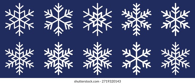 Iconos de copos de nieve. Patrón editable del copo de nieve del golpe del Vector del copo de nieve. Copos de nieve cristales de hielo blanco sobre fondo oscuro. Invierno de nieve. Navidades logo dibujo a mano. Decoración de temporada. Símbolo del invierno.
