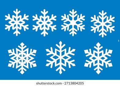 Iconos de copos de nieve. Copo de nieve blanco. Plantilla de copos de nieve. Invierno de nieve. Iconos de copos de nieve. Icono de Vector de copo de nieve de fondo azul.