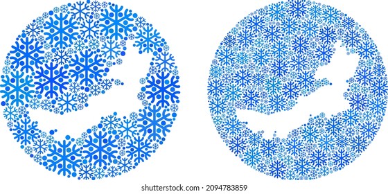 Schneeflocken Die Innere Mongolei-Kartencollage wird mit Kugel und subtrahierter Form erstellt. Vector Inner Mongolei Karte Sammlung von Schnee-Artikeln in verschiedenen Größen und blauen Farben. Für Neujahrskonzepte erstellt.