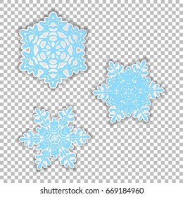 Snowflakes isolated object three variants of a pattern with a shadow.