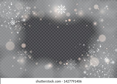 Snowflakes isolated on transparent background. Vector heavy snowfall, snowflakes in different shapes and forms.Falling Christmas snow. 