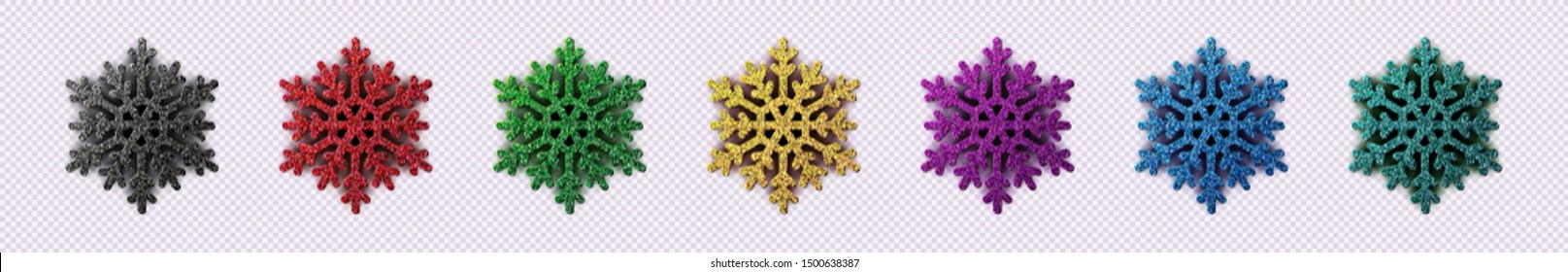 Snowflakes isolated on transparent background. Vector Christmas decoration. Glitter snow flake set. Gold, red, green, purple, black blue colors decor for New Year and Christmas.