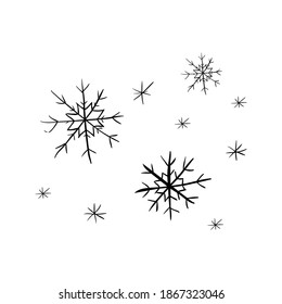 Copos De Nieve Aislados En Fondo Blanco. Ilustración vectorial dibujada a mano.