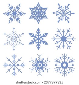 Los copos de nieve aislados en el fondo blanco. Un buen elemento para carteles de Navidad, tarjetas. Conjunto de copos de nieve orgánicos y geométricos. EPS 10.