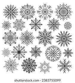 Snowflakes isolated on white background. Hand drawn silhouette. Doodle line snow icons. Design element for christmas banner, cards. Xmas ornament.
