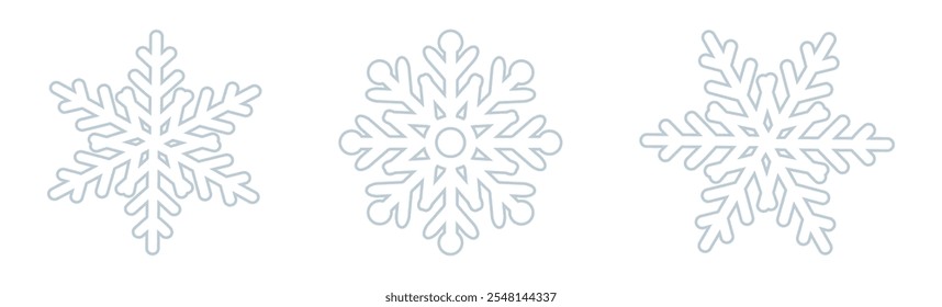 Schneeflocken einzeln auf weißem Hintergrund. Drei minimalistische Schneeflocken-Icons. Die Schneeflocken sind als einfache Strichzeichnungen dargestellt. Sammlung von drei Schneeflocken-Illustrationen. Schneeflocken-Vektor