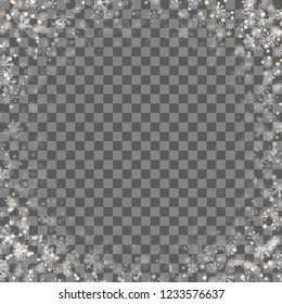 Snowflakes isolated overlay on transparent background. Snow falling template