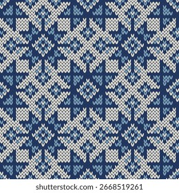 Flocos de neve tricotado jacquard padrão sem costura. Fundo de inverno das cores azul e branco. Ilustração vetorial.
