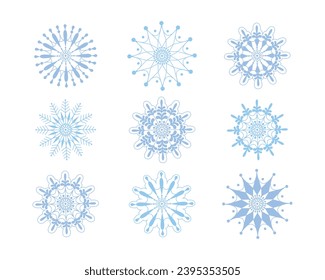 Copos de nieve. Un gran conjunto con copos de nieve de diferentes formas. Juego de invierno. Una colección de copos de nieve. Ilustración del vector