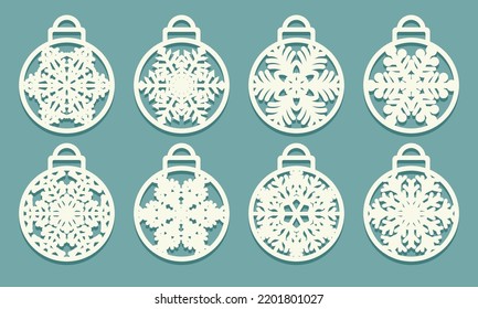 Snowflakes laser cut Xmas balls cutout of paper Set of sample Templates Christmas tree decor Christmas card for party laser or plotter cutting printing serigraphy or wood carving Vector illustration
