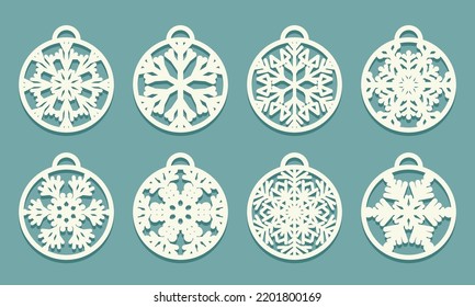 Snowflakes laser cutting Christmas balls cut out of paper Set of sample Templates Xmas tree decoration Card for party laser or plotter cut printing serigraphy or wood carving Vector illustration