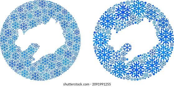 Snowflakes Liaoning Province map collage created with sphere and subtracted shape. Vector Liaoning Province map collage of ice parts in different sizes and blue color hues.