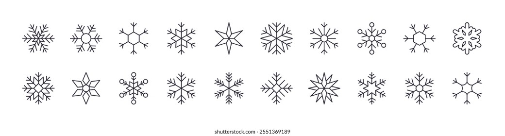 Paquete de iconos de línea de copos de nieve. Trazo Editable. Pictograma lineal minimalista para el diseño de tarjetas, App, Anuncios, publicaciones 