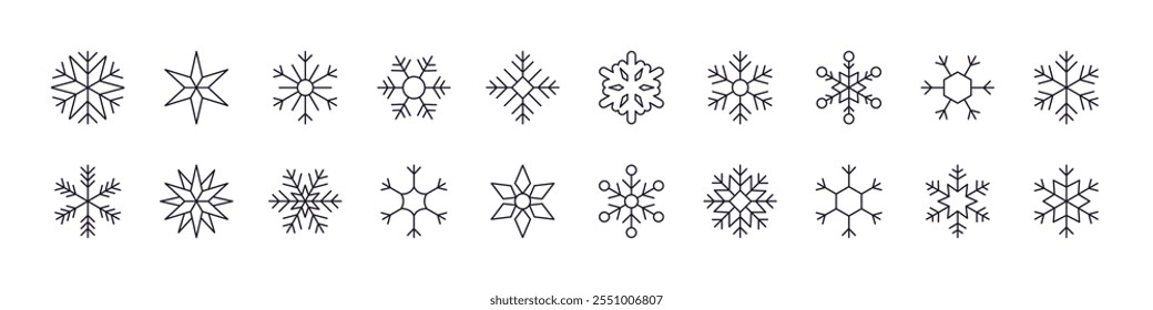 Copos de nieve línea icono de Colección. Trazo Editable. Pictograma lineal minimalista para el diseño de tarjetas, App, Anuncios, publicaciones 
