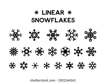 Snowflakes linear vector illustrations set. Winter season decorations isolated cliparts. Various shapes frozen black snow flakes icons pack on white background. Christmas holidays design elements