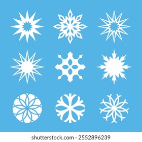 Logo de Snowflakes. Copos de nieve aislados sobre fondo azul