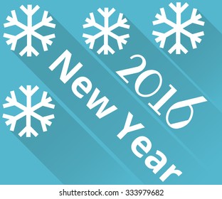 Snowflakes with long shadows on a blue background. New Year 2016. The inscription on the diagonal. Vector illustrations.