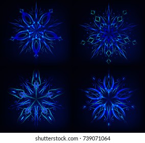 Snowflakes luminous set on a dark blue background
