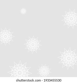 Snowflakes Luxury Mystery Print Ice Sky Wallpaper. Monochrome Innocent Sharp White Grey Pattern. Winter Christmas Stars Silver Mandala Background. New Year Cold Chaotic Frost Wallpaper.