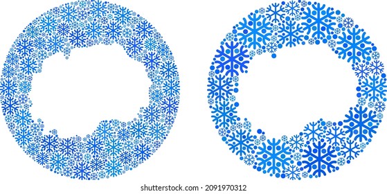 Snowflakes Macedonia map mosaic designed with circle and stencil. Vector Macedonia map mosaic of snow particles in various sizes and blue color tones. Designed for winter concepts.