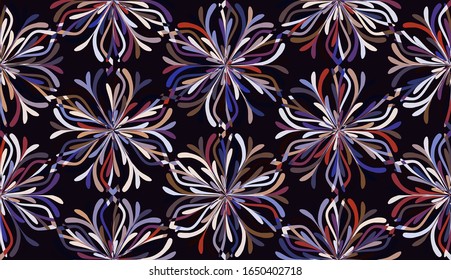 Snowflakes made up of colorful elements arranged like honeycombs. Seamless pattern. Motley texture. Chaos of colors.