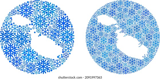Collage de mapas de los copos de nieve de Malta creado con forma de círculo y substracción. Collage de mapas de Malta vectorial de elementos de nieve de varios tamaños y tintes de color azul. Creado para publicidad de invierno.