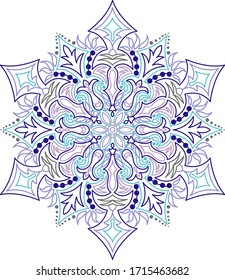 Snowflakes mandala design in purple and blue colors. Winter mandala, vector illustration. 