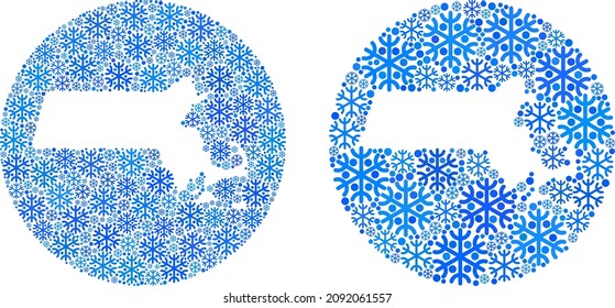 Collage de mapas estatales de los copos de nieve Massachusetts diseñado con esfera y forma restada. Collage de mapas del estado de Vector Massachusetts en diferentes tamaños y tonos azules.