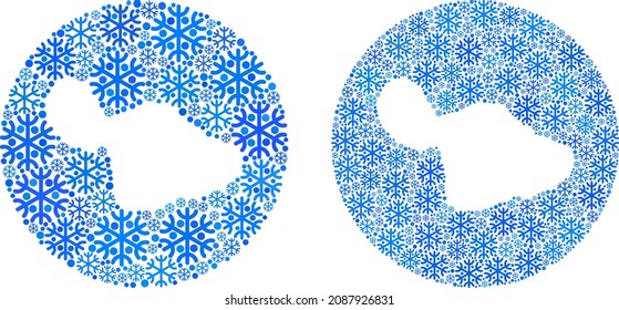 Snowflakes Maui Island map collage is created with circle and subtracted shape. Vector Maui Island map collage of snowflake parts in various sizes and blue color tones.