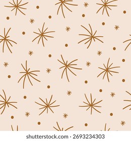 Snowflakes minimal seamless pattern. Firework hand drawn repeat texture. Beige and brown colors. Vector illustration	