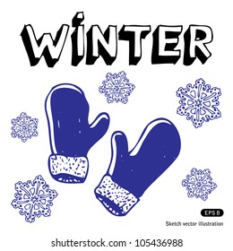 Snowflakes and mittens. Hand drawn sketch illustration isolated on white background
