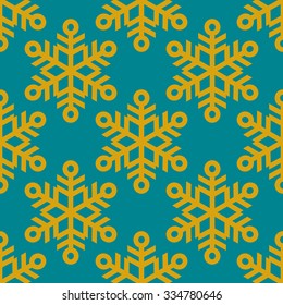 Snowflakes modern seamless pattern, vintage style background, wrapping paper in gold and blue colors