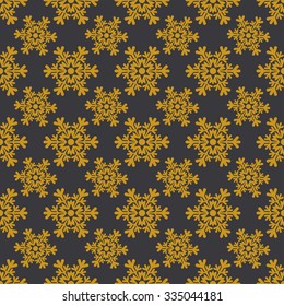 Snowflakes modern seamless pattern, vintage style background, wrapping paper in gold and blue colors