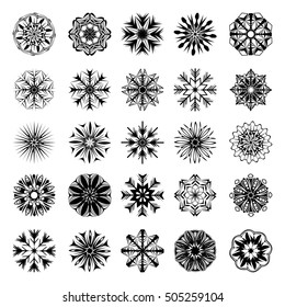 Snowflakes monochrome icons collection. New Year and Christmas concept. 25 different snowflakes isolated on white background. Modern design of snowfall elements. Vector illustration