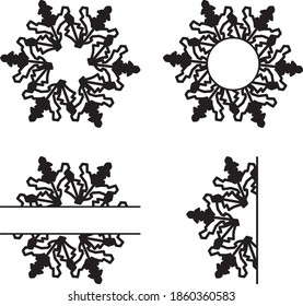 Monograma de copos de nieve aislado sobre fondo blanco. Iconos de nieve de invierno, silueta. elemento navideño para banner festivo, tarjetas de felicitación. Ornamento de corte láser. Ilustración vectorial.