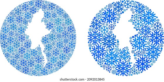 Snowflakes Myanmar map collage is formed with sphere and subtracted shape. Vector Myanmar map collage of snowflake parts in different sizes and blue color tints. Designed for winter templates.