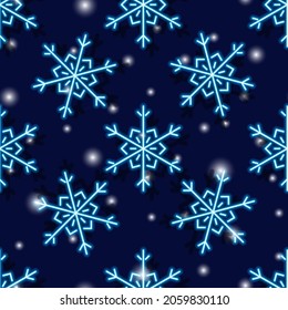 Snowflakes neon seamless pattern. Christmas background vector illustration. For wrapping paper, design, postcard, fabric, baby clothes, baby room. Christmas and New Year concept.