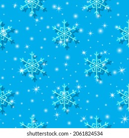 Schneeflocken nahtloses Muster. Weihnachtshintergrund, Vektorgrafik. Zum Verpacken von Papier, Design, Postkarte, Stoff, Babybekleidung, Babyzimmer. Weihnachten- und Neujahrskonzept.