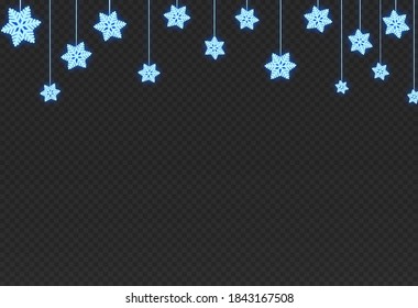 Snowflakes With Neon Style Hanging From Top ,Christmas Decoration Isolated  On Png Or Transparent  Background, Space For Text, Sale Banner Template , New Year, Birthdays, Illustration Vector 