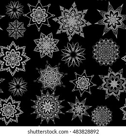 Snowflakes new year background black and white seamless pattern