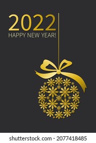 Snowflakes. New Year ball. Christmas tree decoration with bow and ribbon. Winter festive template. 